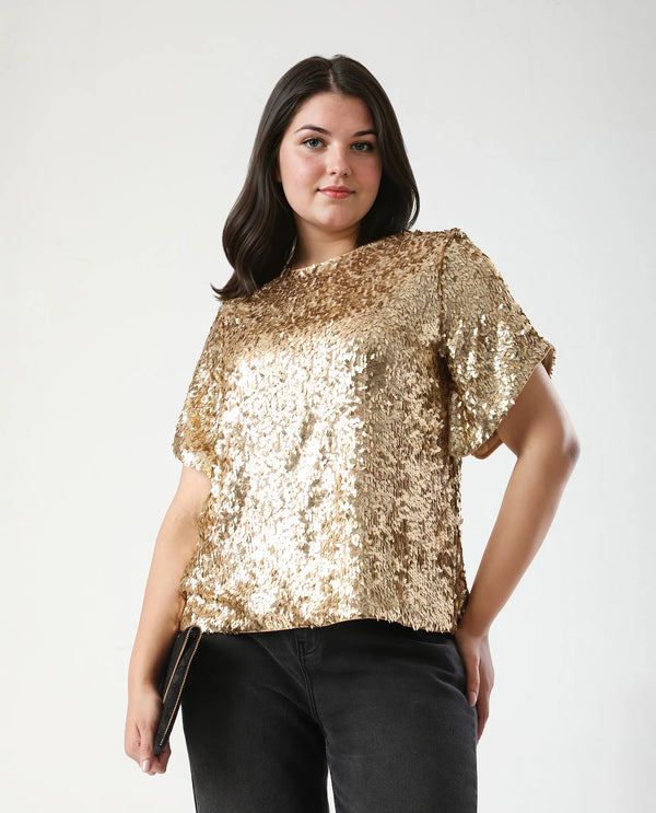 Rareism Women Zepla Mettalic Gold Polyester Fabric Short Sleeve Round Neck Button Closure Sequin Top