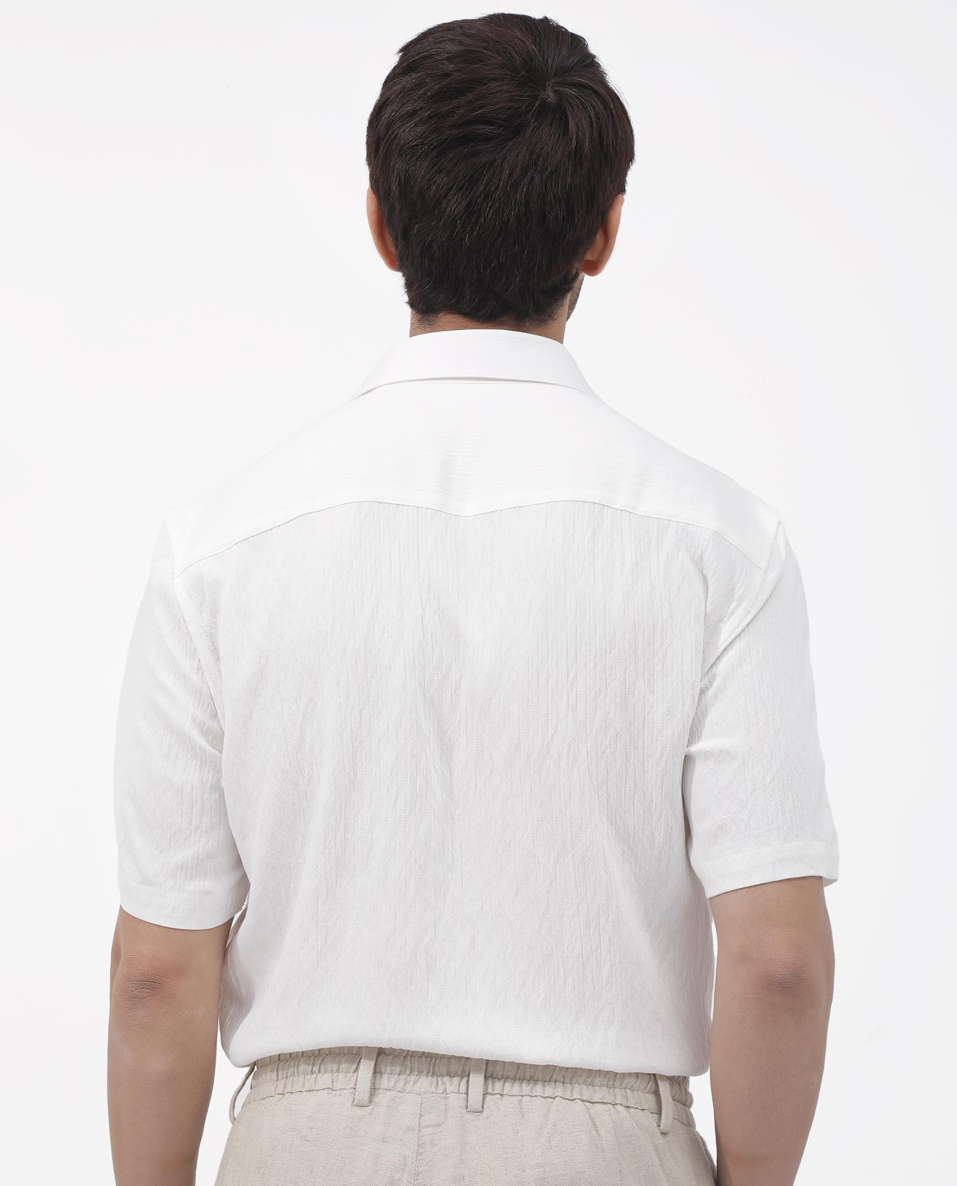 Rare Rabbit Mens Zion White Cotton Fabric Half Sleeve Boxy Fit Textured Solid Shirt