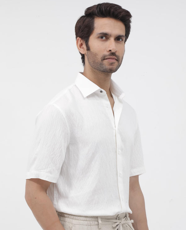 Rare Rabbit Mens Zion White Cotton Fabric Half Sleeve Boxy Fit Textured Solid Shirt