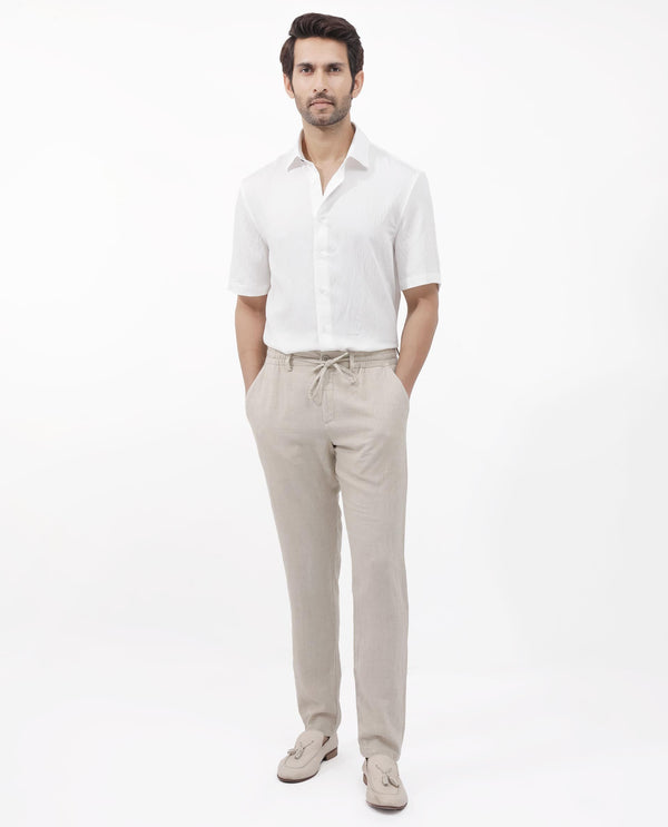 Rare Rabbit Mens Zion White Cotton Fabric Half Sleeve Boxy Fit Textured Solid Shirt