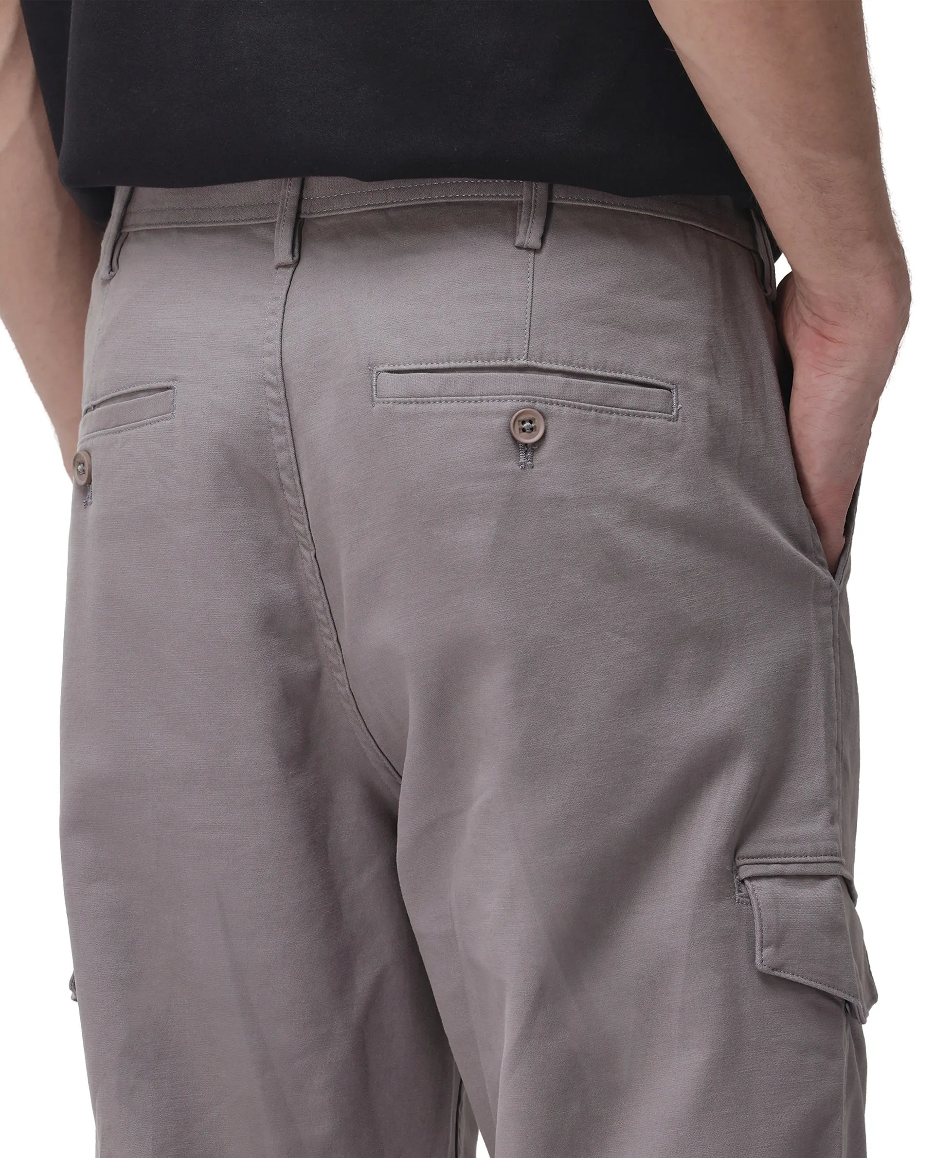 Rare Rabbit Men's Zipo Dark Grey Cotton Fabric Mid Rise Regular Fit Solid Cargo Trouser