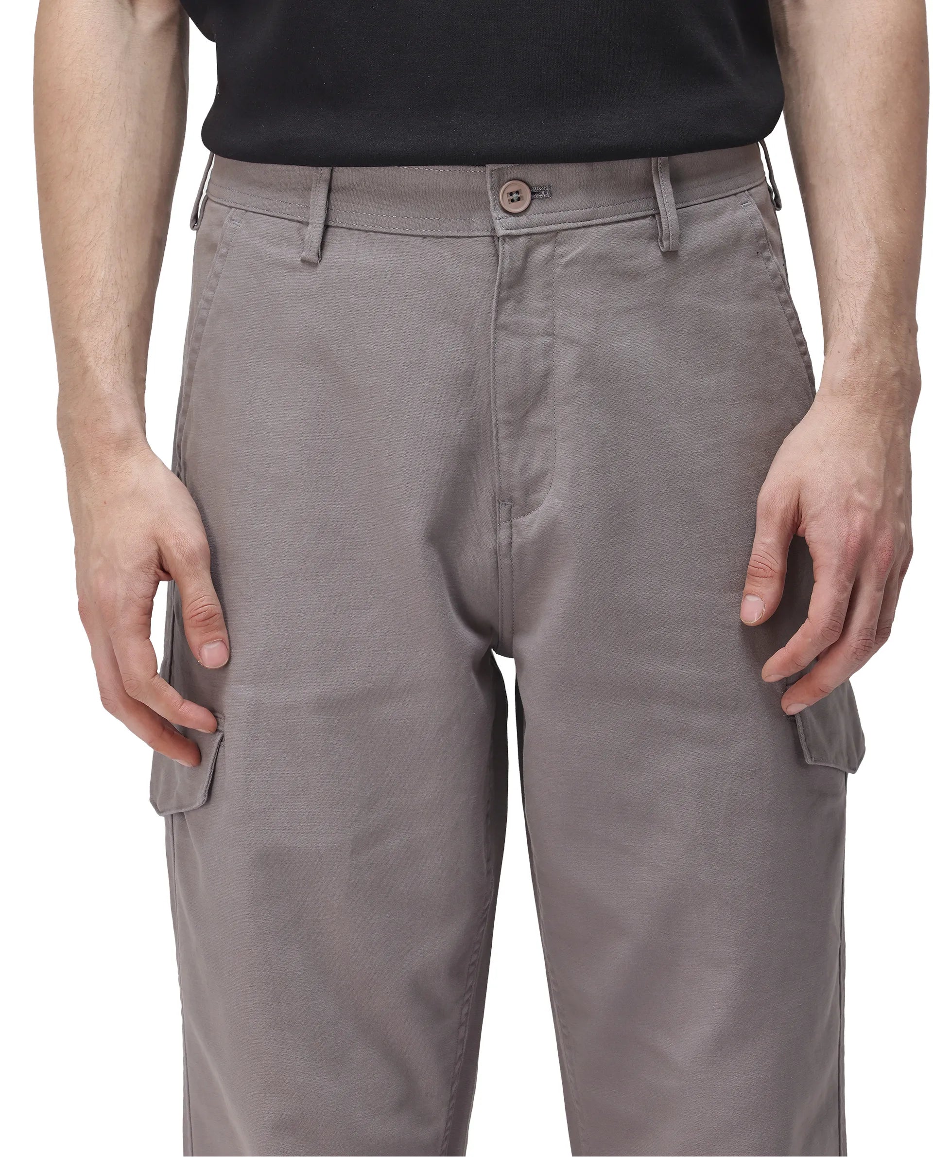 Rare Rabbit Men's Zipo Dark Grey Cotton Fabric Mid Rise Regular Fit Solid Cargo Trouser