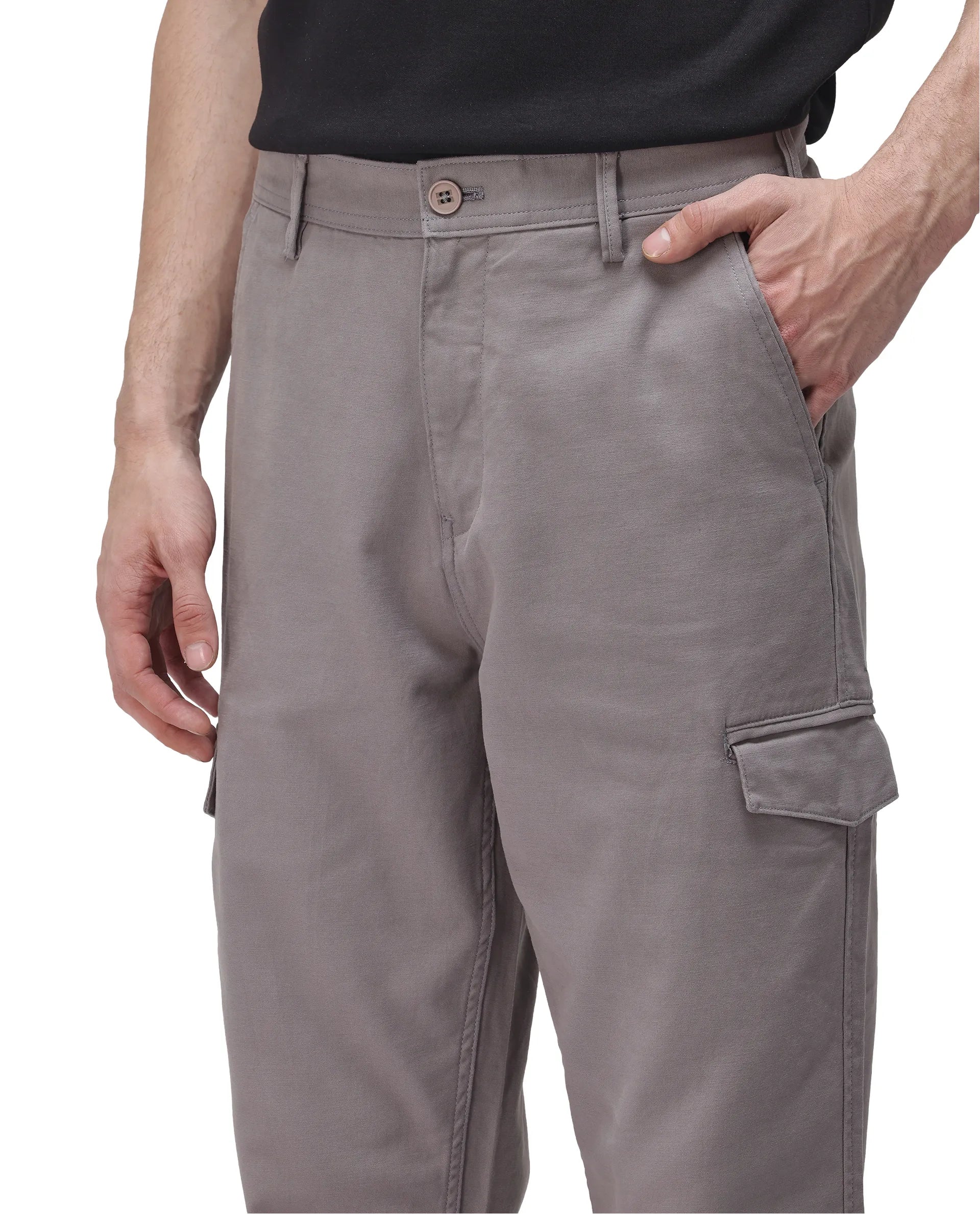 Rare Rabbit Men's Zipo Dark Grey Cotton Fabric Mid Rise Regular Fit Solid Cargo Trouser