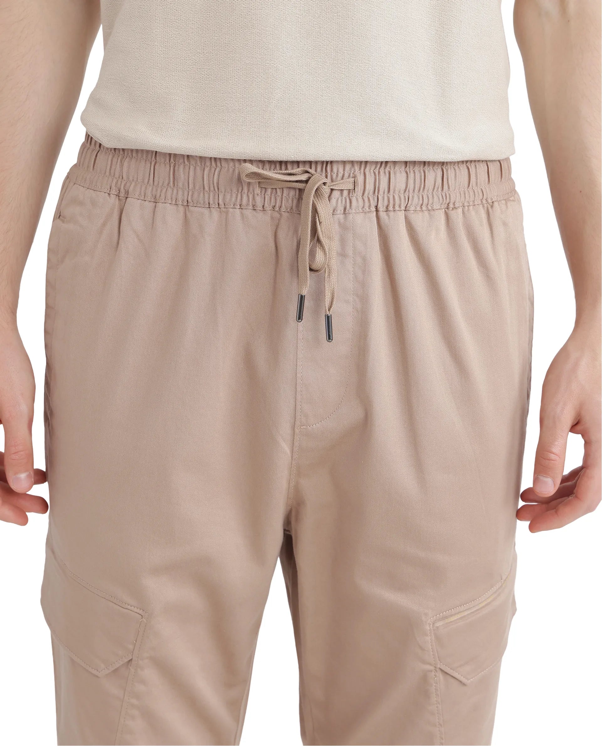 Rare Rabbit Men's Zudi Light Brown Cotton Fabric Drawstring Closure Regular Fit Cargo Style Trouser