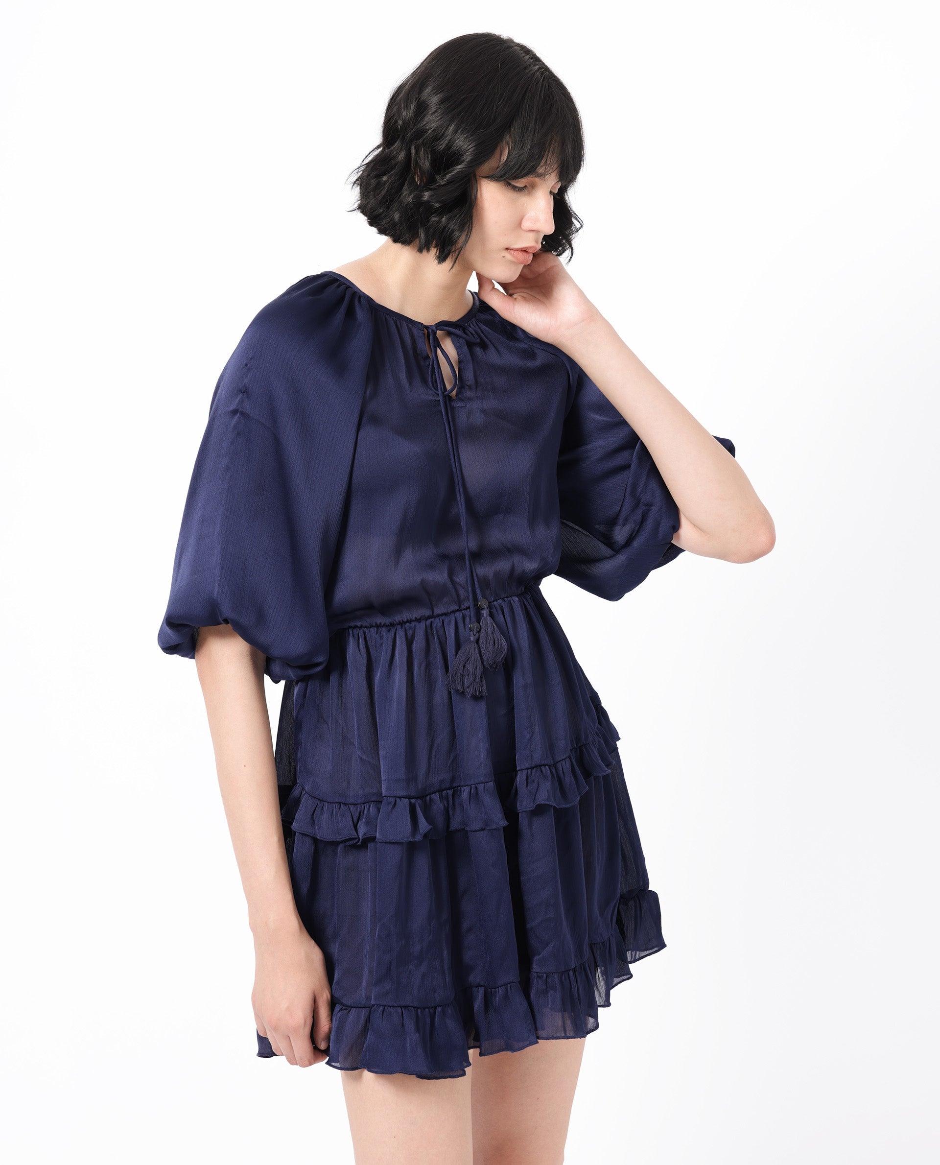 Rareism Women Zekeje Blue Polyester Fabric Short Sleeves Tie-Up Neck Raglan Sleeve Regular Fit Plain Short Boxy Dress