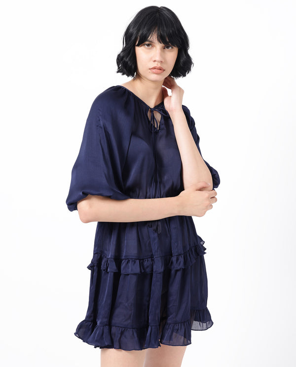 Rareism Women Zekeje Blue Polyester Fabric Short Sleeves Tie-Up Neck Raglan Sleeve Regular Fit Plain Short Boxy Dress