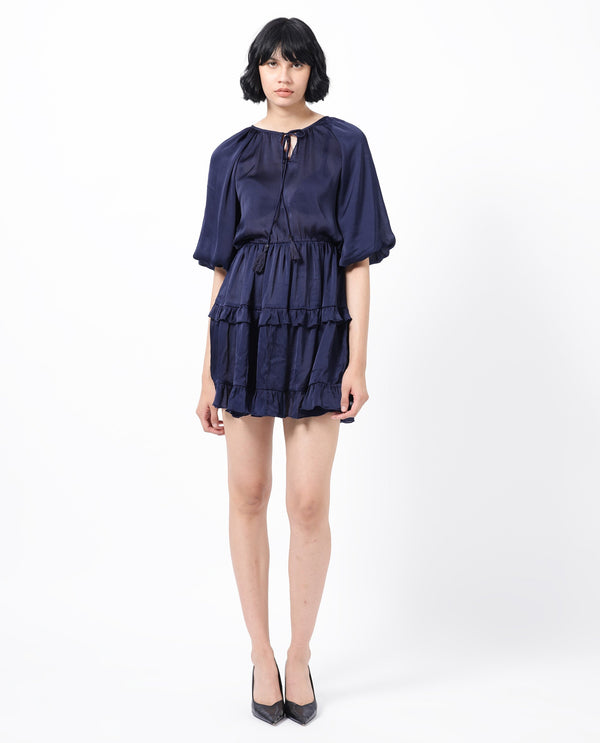 Rareism Women Zekeje Blue Polyester Fabric Short Sleeves Tie-Up Neck Raglan Sleeve Regular Fit Plain Short Boxy Dress