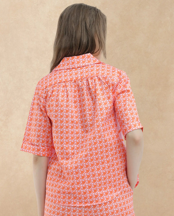 Rareism Women Zyon-T Pink Cotton Fabric Short Sleeves Johnny Collar Regular Fit Monogram Top