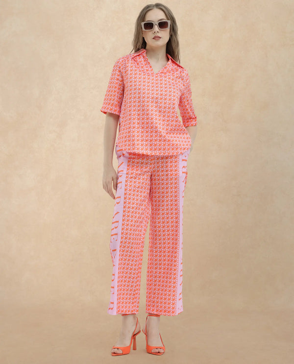 Rareism Women Zyon-T Pink Cotton Fabric Short Sleeves Johnny Collar Regular Fit Monogram Top