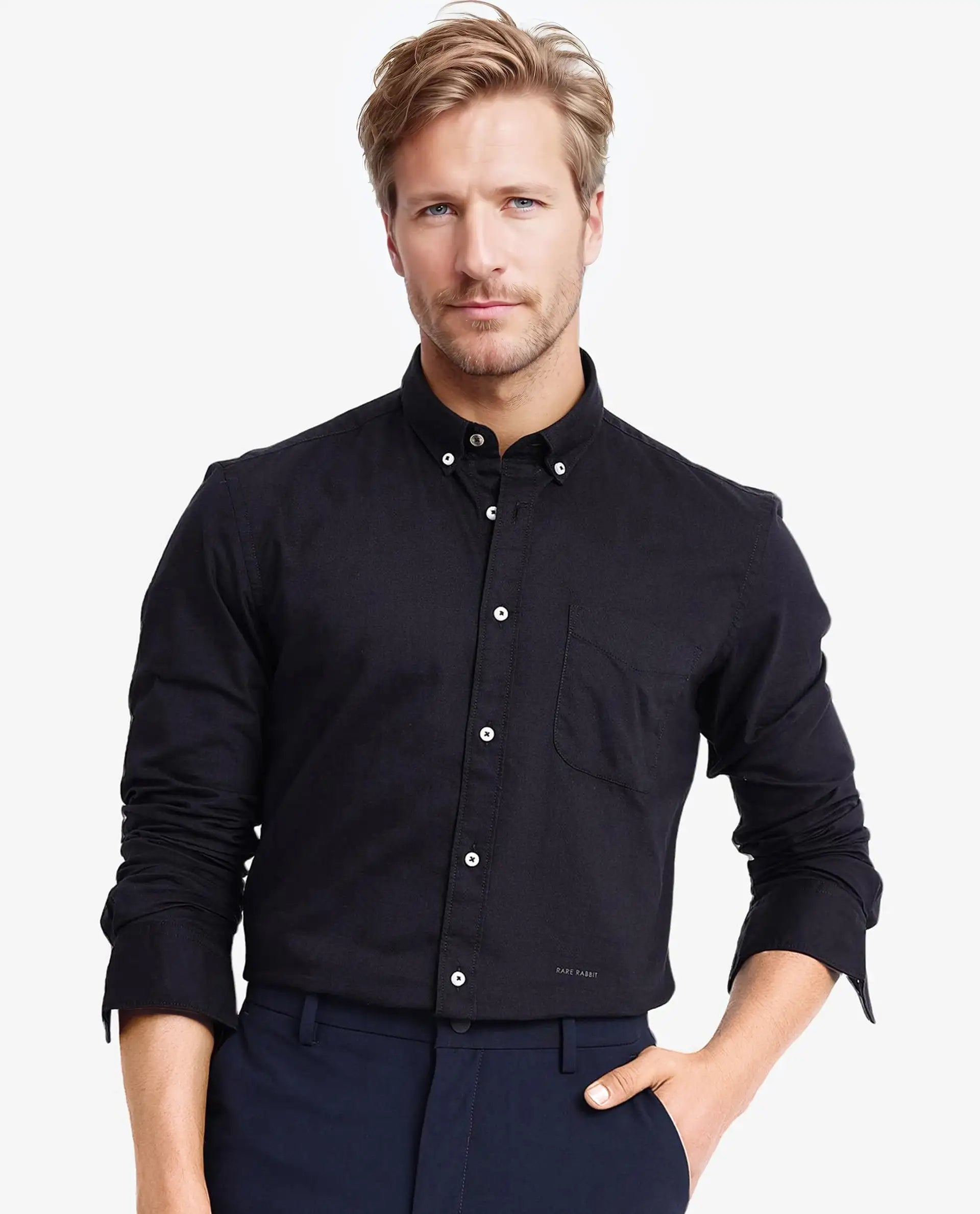 Rare Rabbit Men's Auxfo Black Cotton Fabric Full Sleeves Button Down Collar Solid Shirt