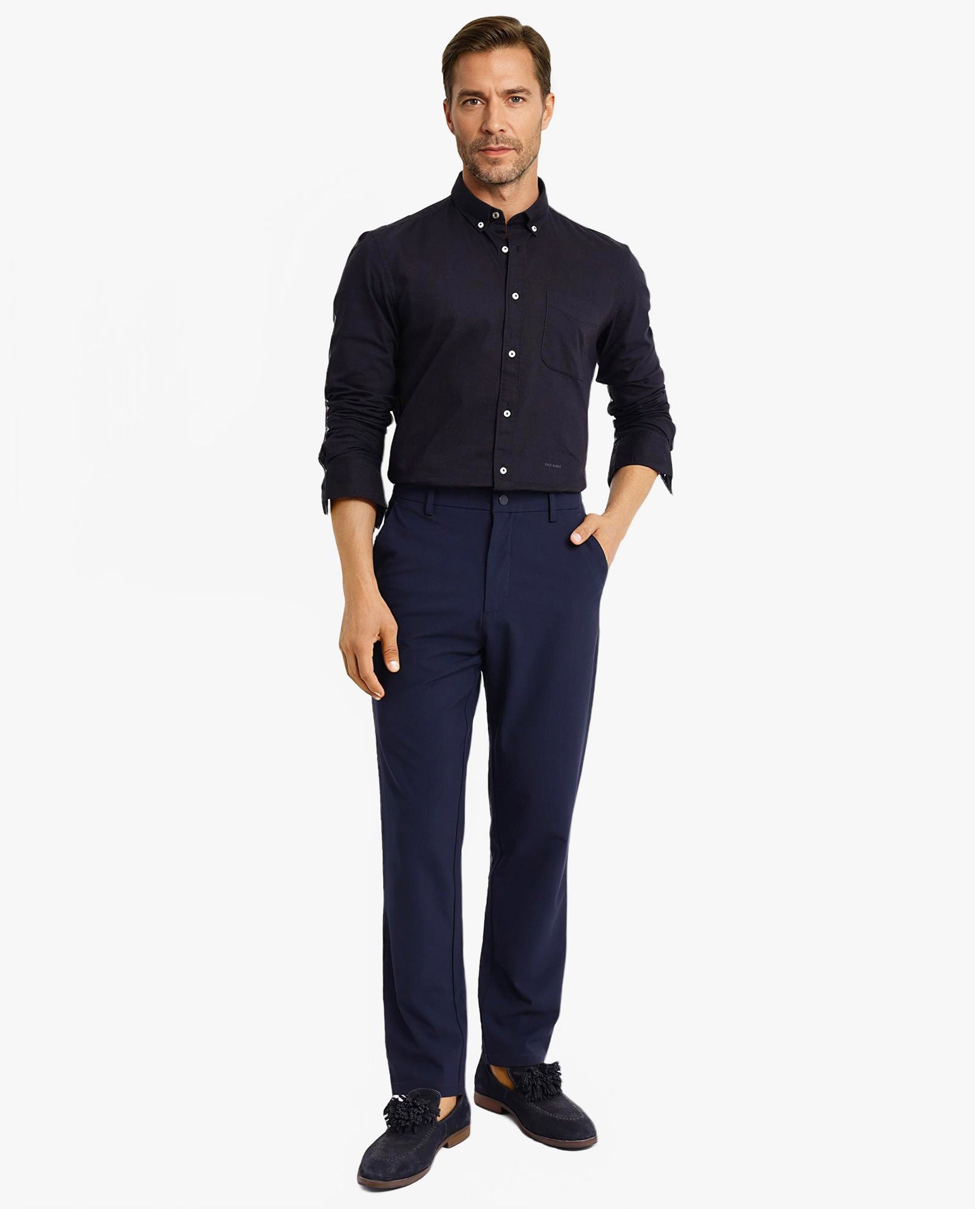 Rare Rabbit Men's Auxfo Black Cotton Fabric Full Sleeves Button Down Collar Solid Shirt