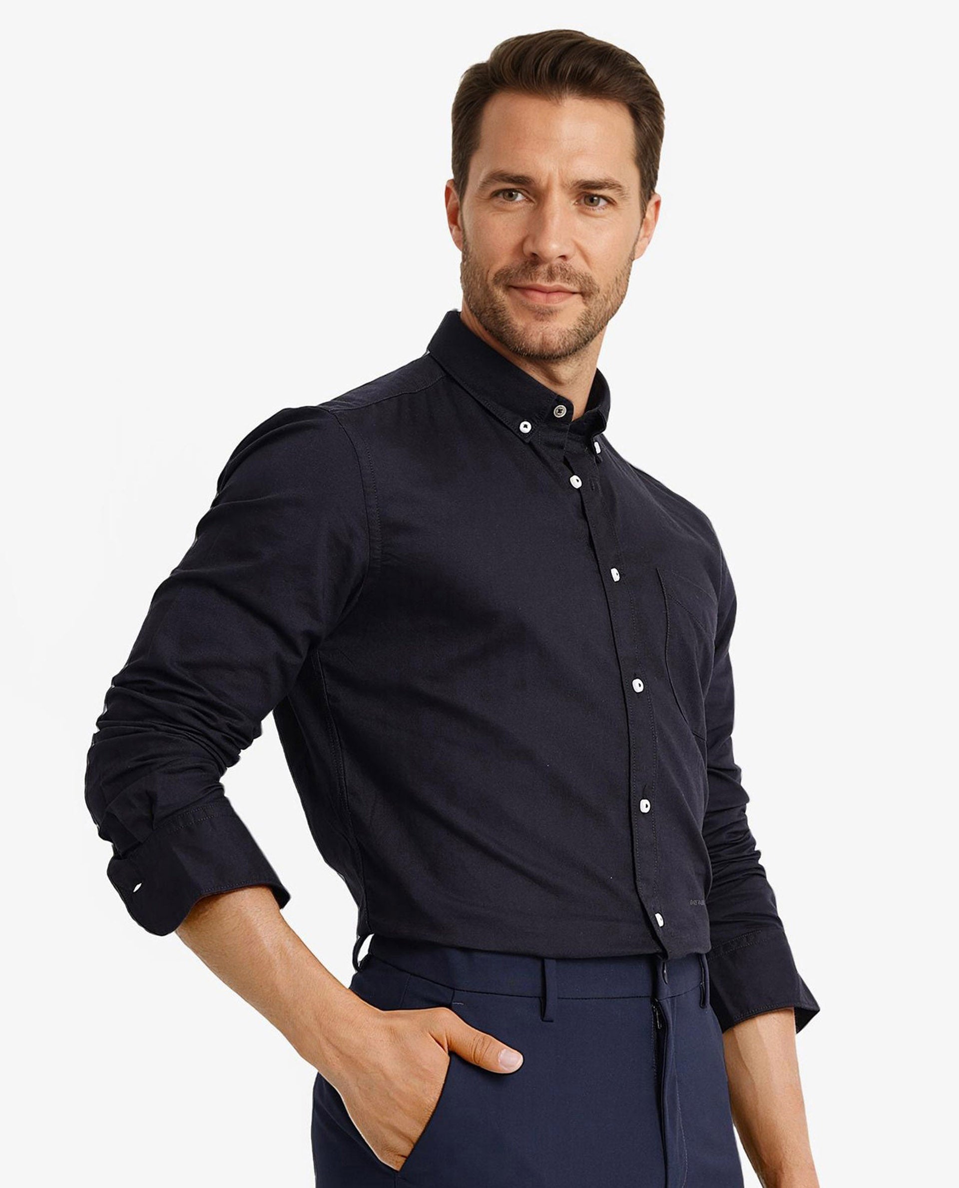 Rare Rabbit Men's Auxfo Black Cotton Fabric Full Sleeves Button Down Collar Solid Shirt