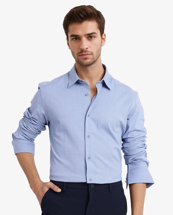 Rare Rabbit Men's Auxon Dusky Blue Polyester Cotton Fabric Blend Full Sleeve Regular Fit Solid Textured Shirt