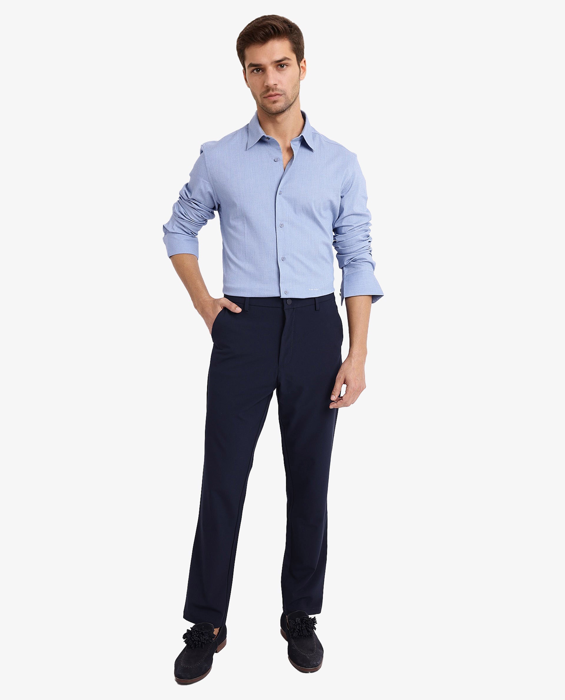 Rare Rabbit Men's Auxon Dusky Blue Polyester Cotton Fabric Blend Full Sleeve Regular Fit Solid Textured Shirt