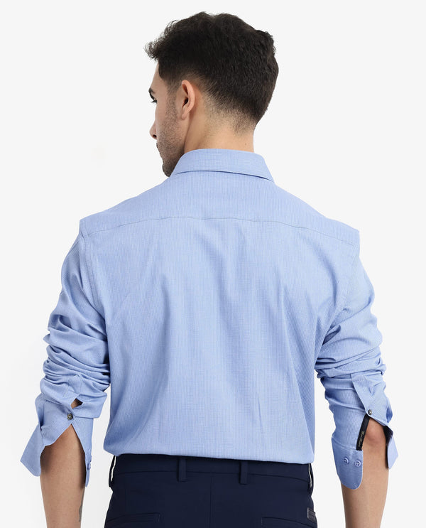 Rare Rabbit Men's Auxon Dusky Blue Polyester Cotton Fabric Blend Full Sleeve Regular Fit Solid Textured Shirt