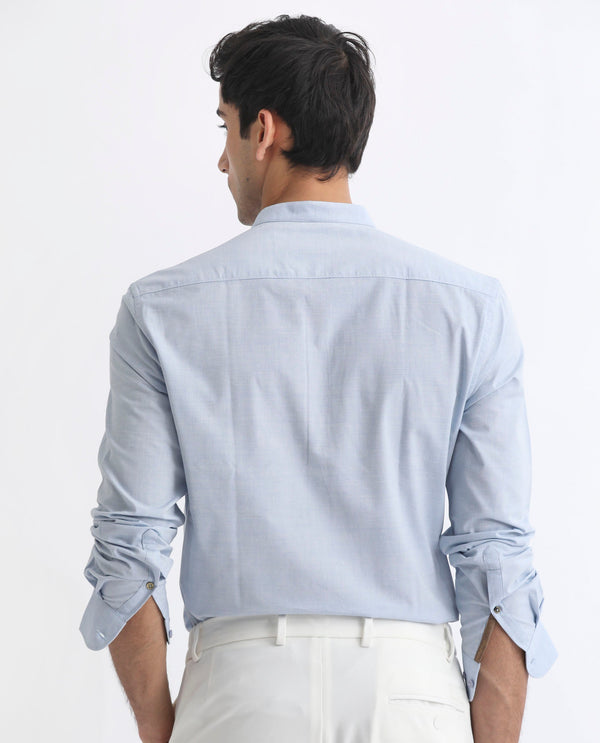 Rare Rabbit Men's Cadmi Light Blue Dobby Fabric Mandarin Collar Full Sleeves Solid Shirt
