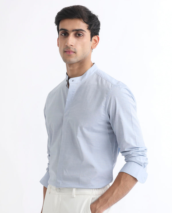Rare Rabbit Men's Cadmi Light Blue Dobby Fabric Mandarin Collar Full Sleeves Solid Shirt