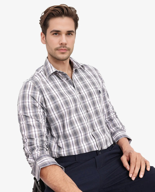 Rare Rabbit Men's Cottbus Grey Cotton Fabric Full Sleeve Collared Neck Checks Shirt