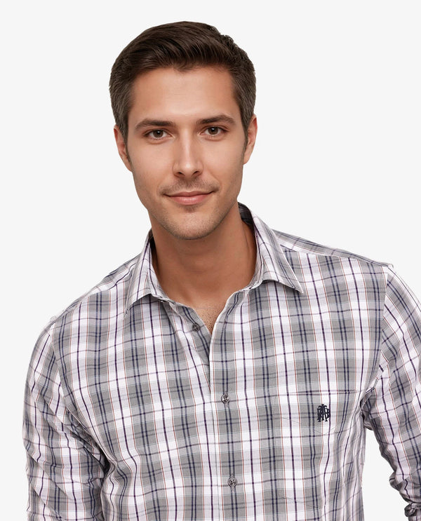 Rare Rabbit Men's Cottbus Grey Cotton Fabric Full Sleeve Collared Neck Checks Shirt