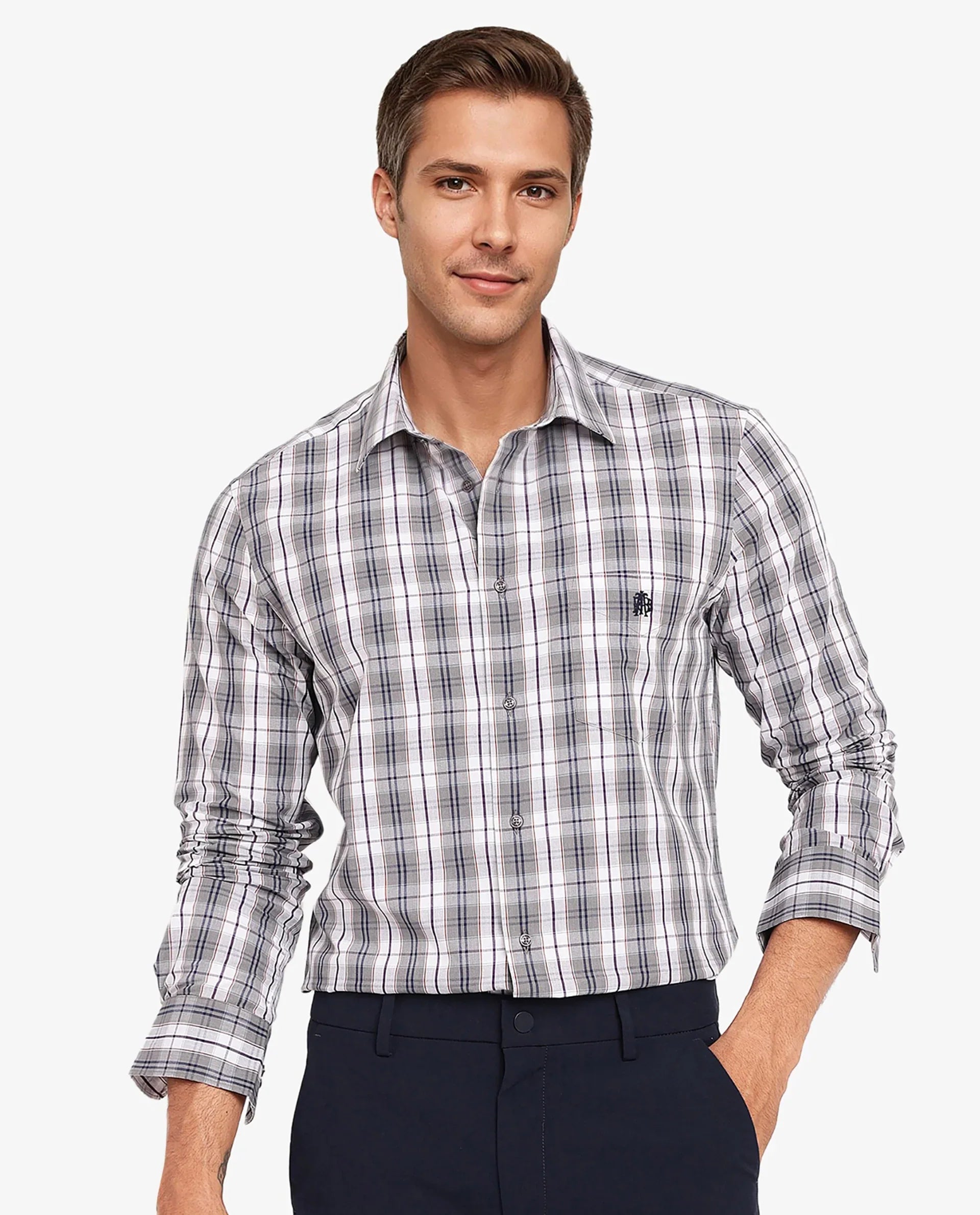 Rare Rabbit Men's Cottbus Grey Cotton Fabric Full Sleeve Collared Neck Checks Shirt