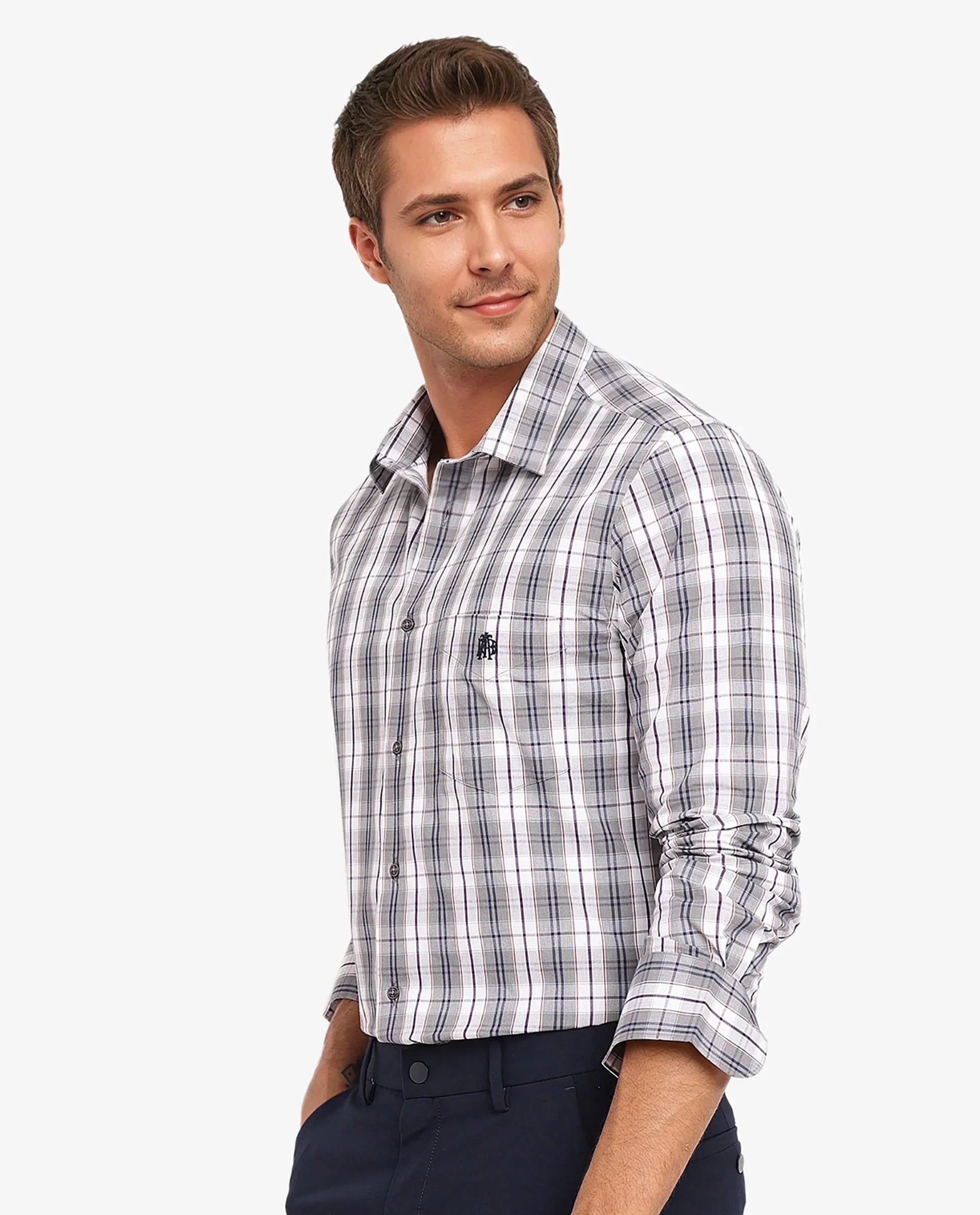 Rare Rabbit Men's Cottbus Grey Cotton Fabric Full Sleeve Collared Neck Checks Shirt