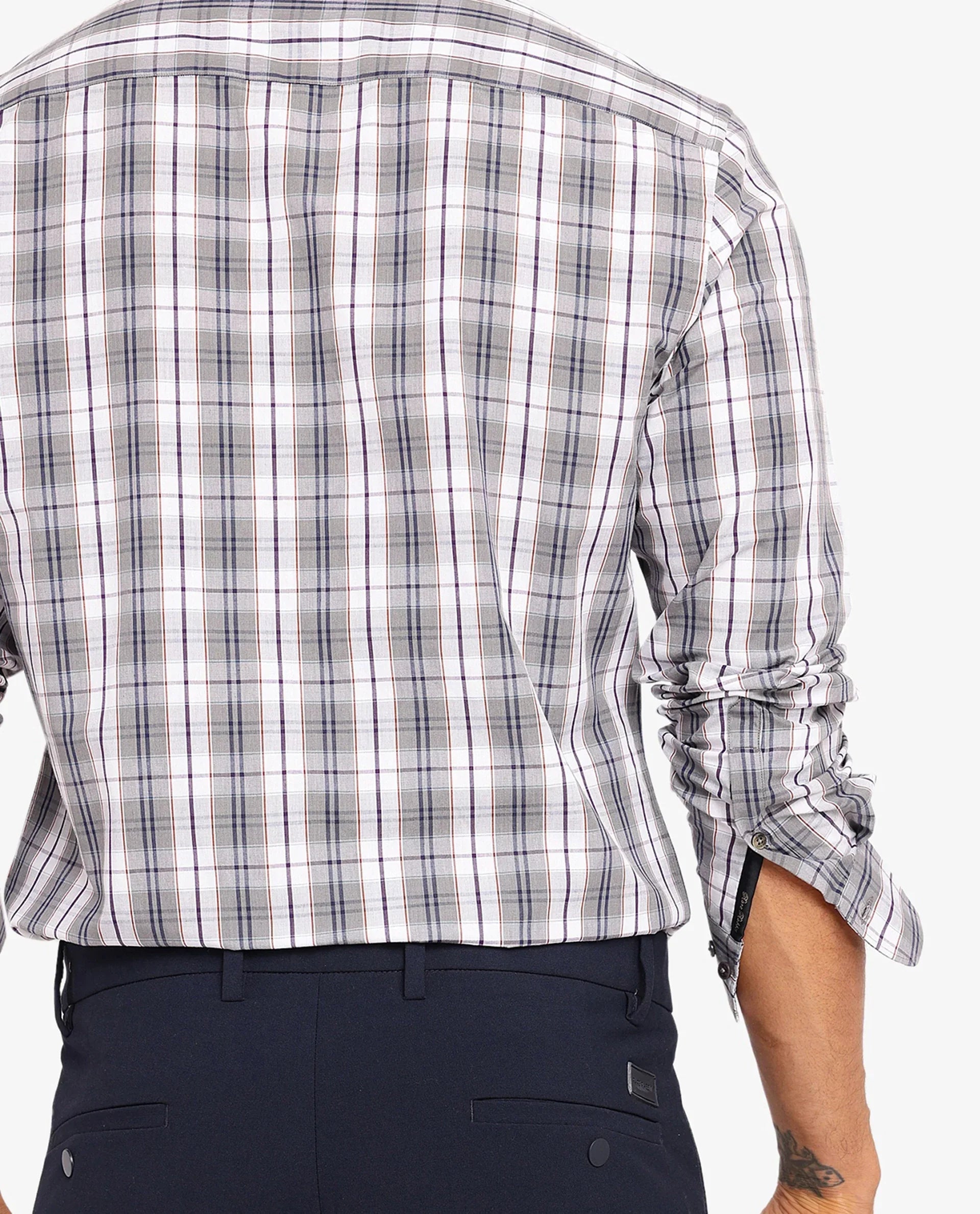 Rare Rabbit Men's Cottbus Grey Cotton Fabric Full Sleeve Collared Neck Checks Shirt