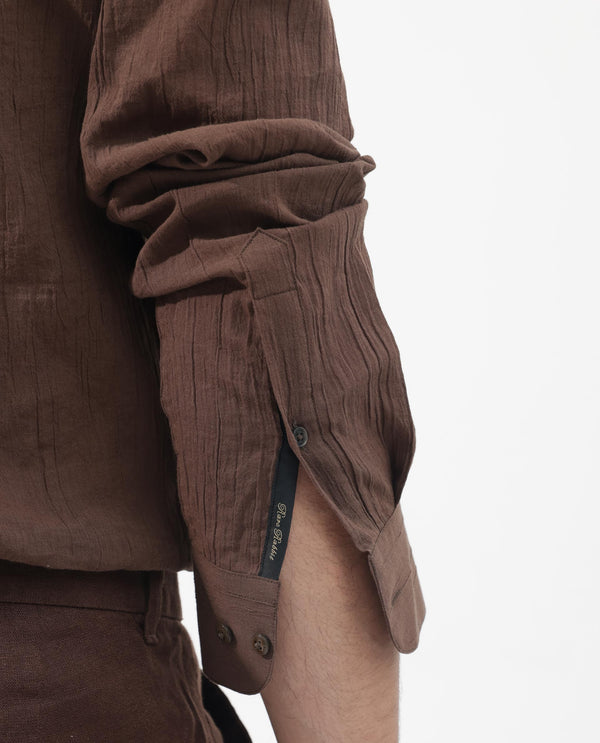 Rare Rabbit Men's Crinkle LS Brown Cotton Fabric Mandarin Collar Full Sleeves Solid Crinkle Effect Solid Shirt