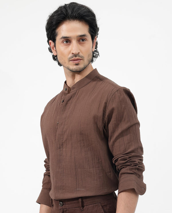 Rare Rabbit Men's Crinkle LS Brown Cotton Fabric Mandarin Collar Full Sleeves Solid Crinkle Effect Solid Shirt