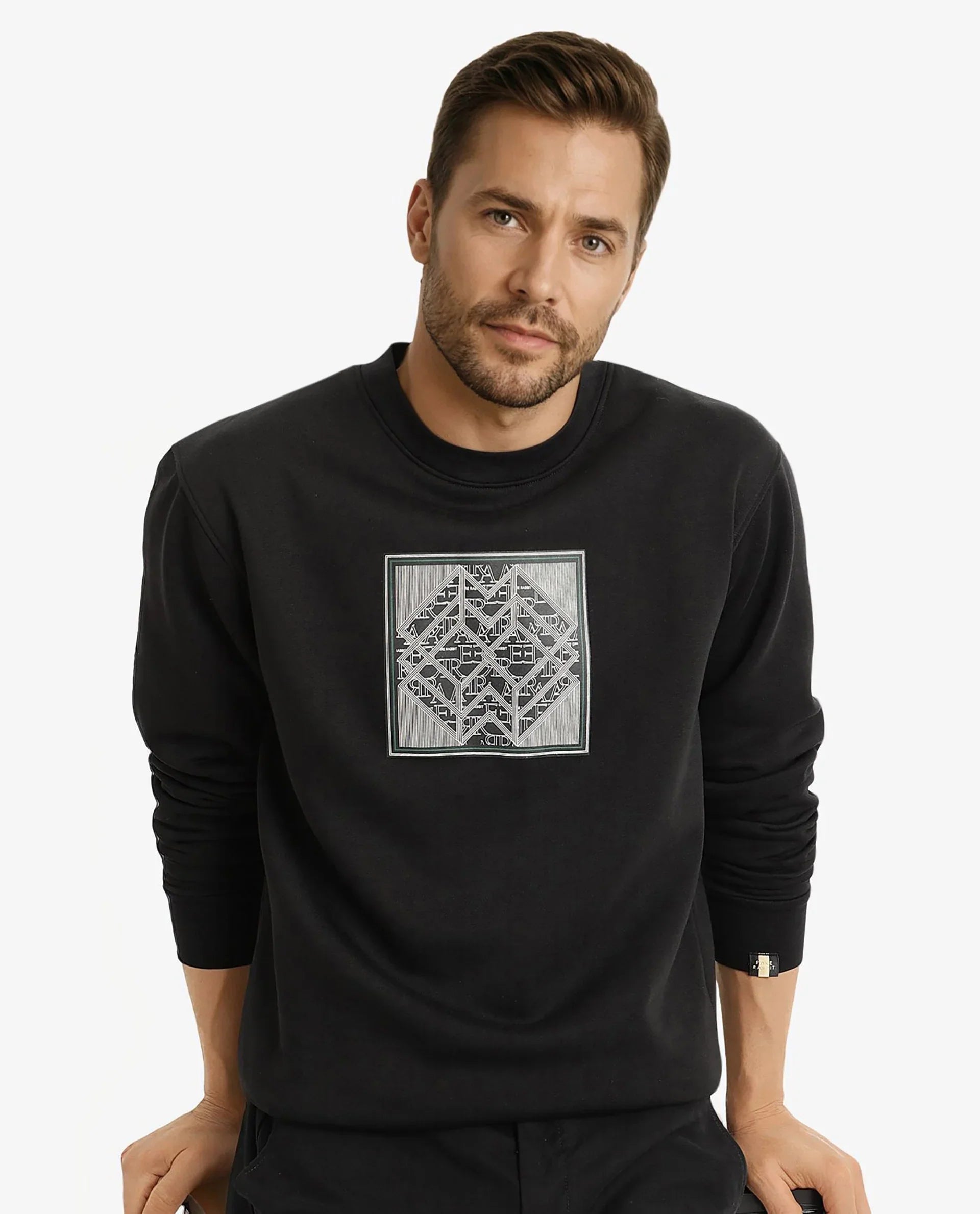 Rare Rabbit Men Croc Black Full Sleeve Crew Neck Regular Fit Monogram Print Sweatshirt