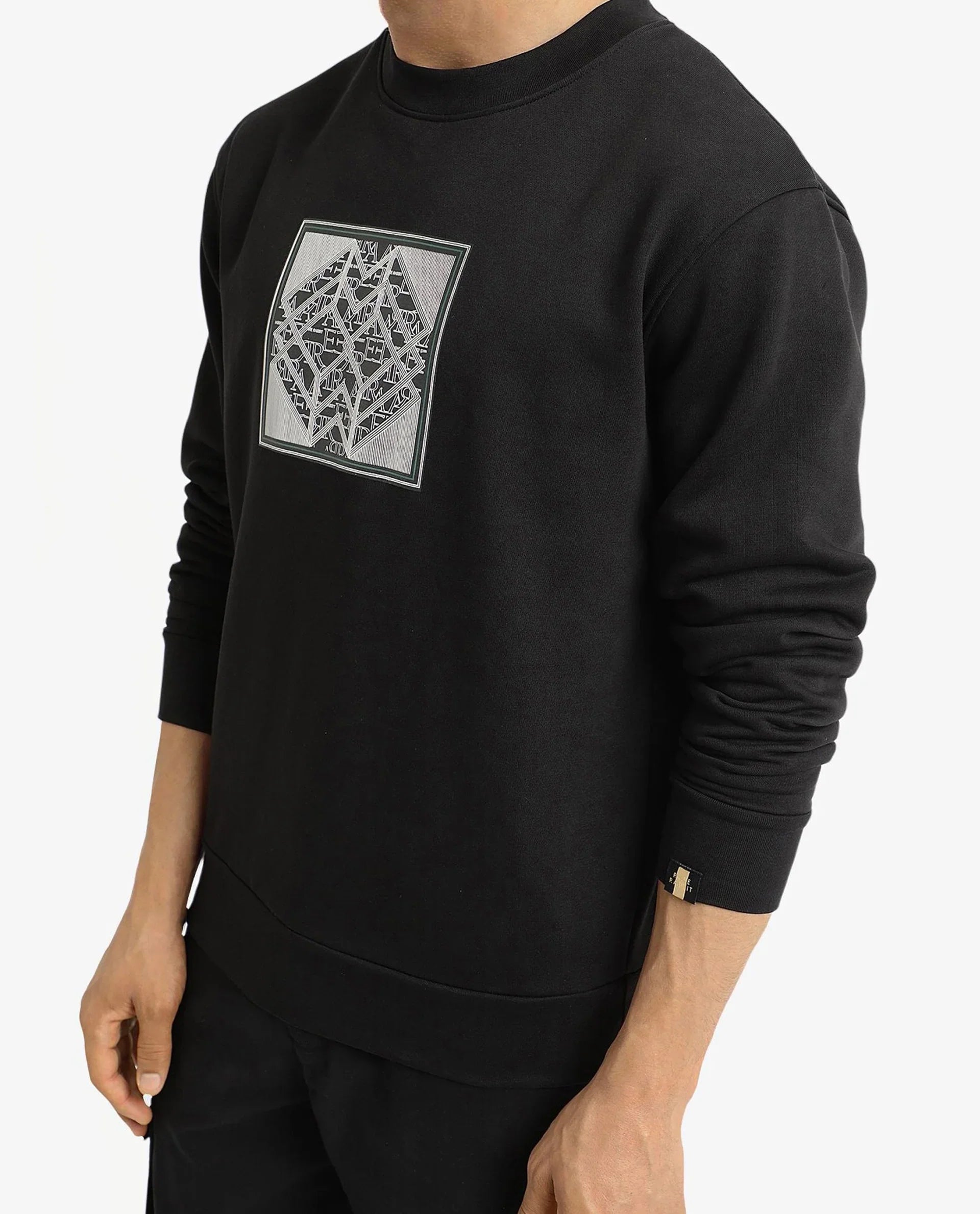Rare Rabbit Men Croc Black Full Sleeve Crew Neck Regular Fit Monogram Print Sweatshirt