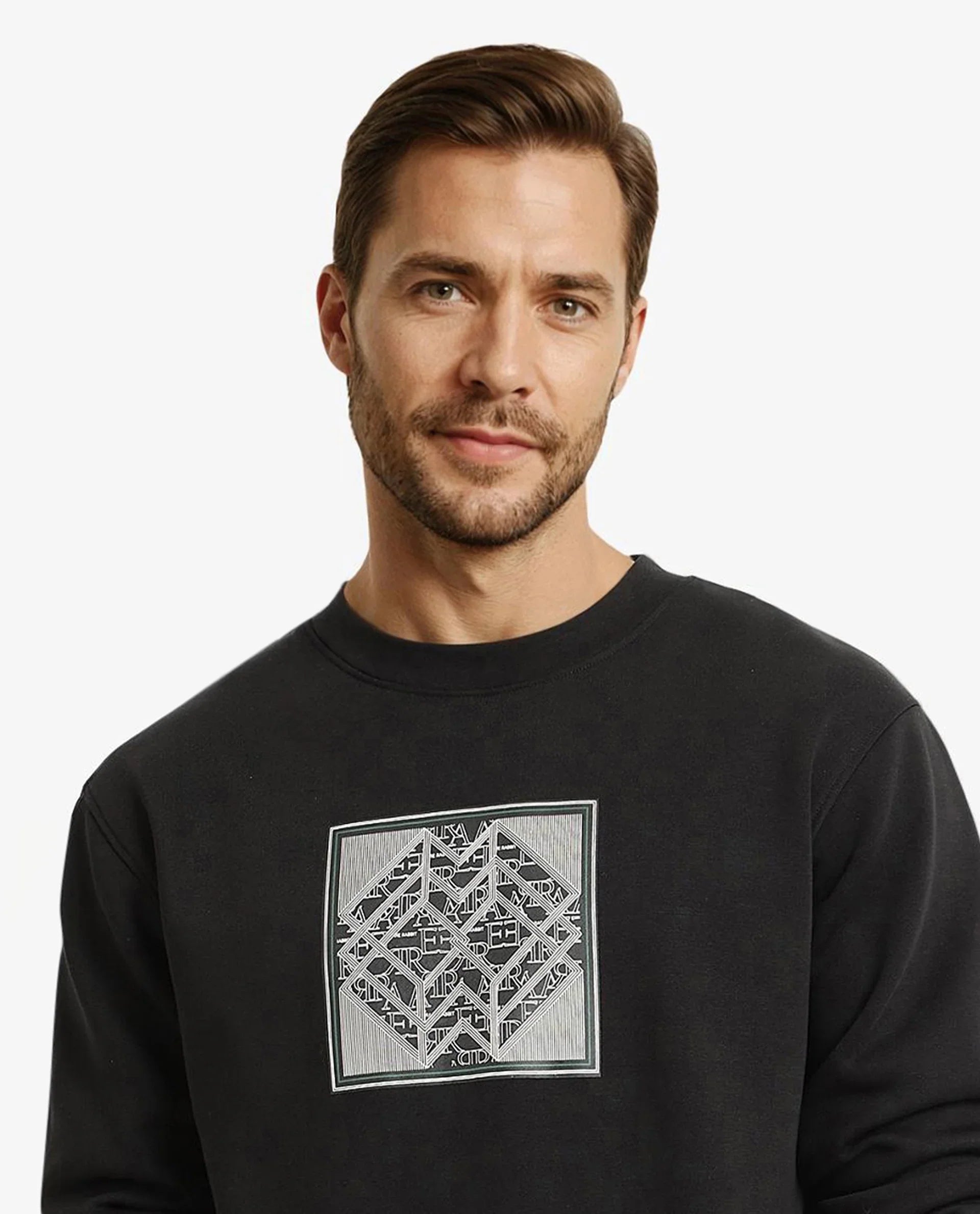 Rare Rabbit Men Croc Black Full Sleeve Crew Neck Regular Fit Monogram Print Sweatshirt