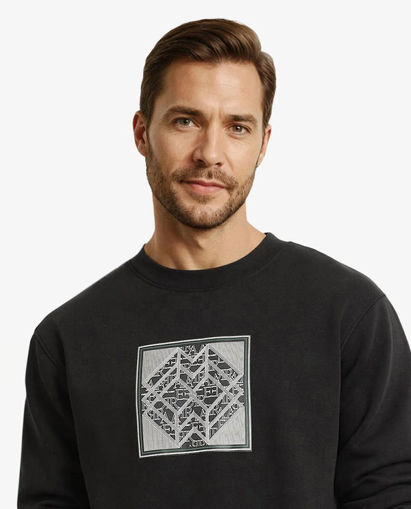 Rare Rabbit Men Croc Black Full Sleeve Crew Neck Regular Fit Monogram Print Sweatshirt