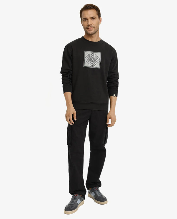 Rare Rabbit Men Croc Black Full Sleeve Crew Neck Regular Fit Monogram Print Sweatshirt