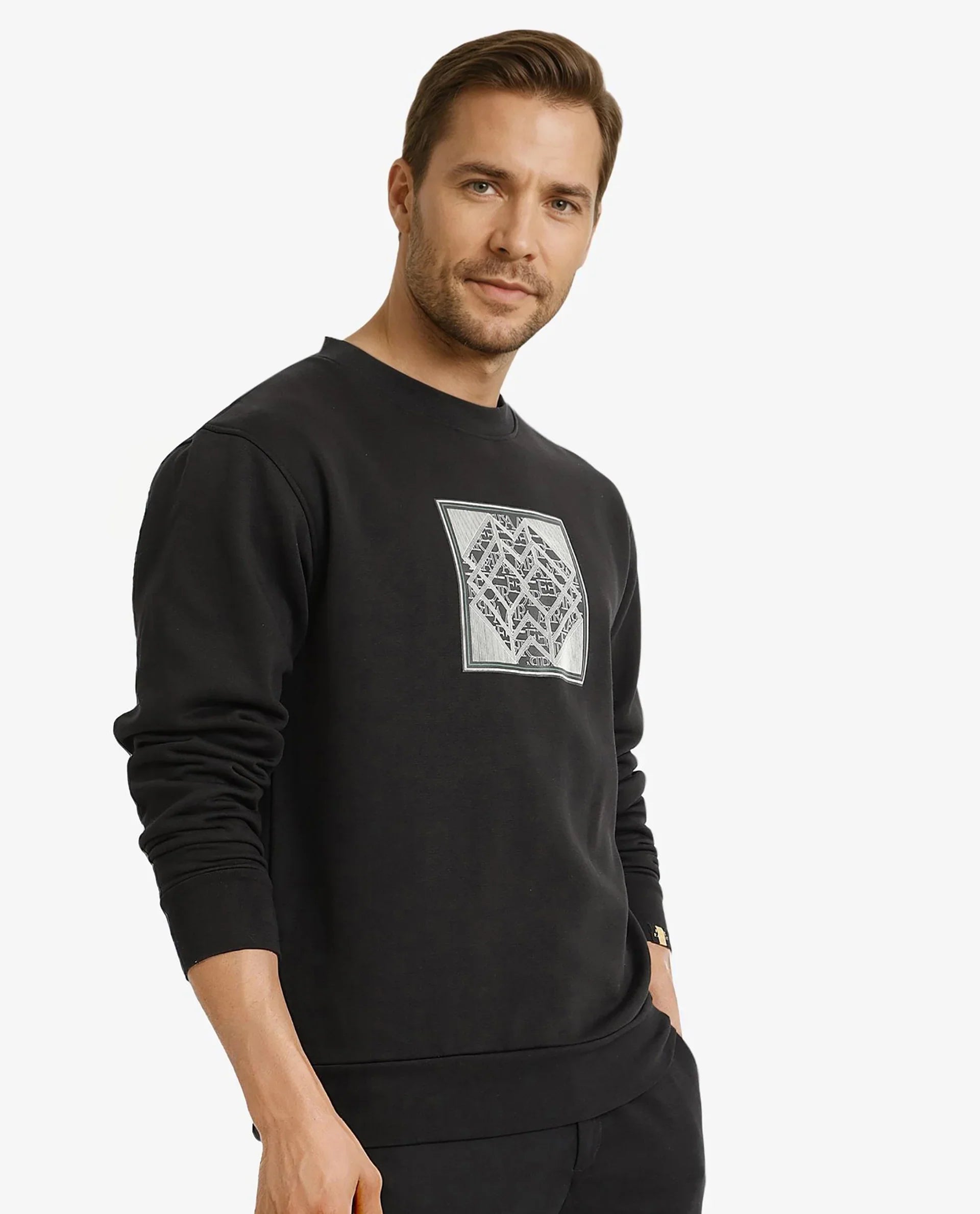 Rare Rabbit Men Croc Black Full Sleeve Crew Neck Regular Fit Monogram Print Sweatshirt