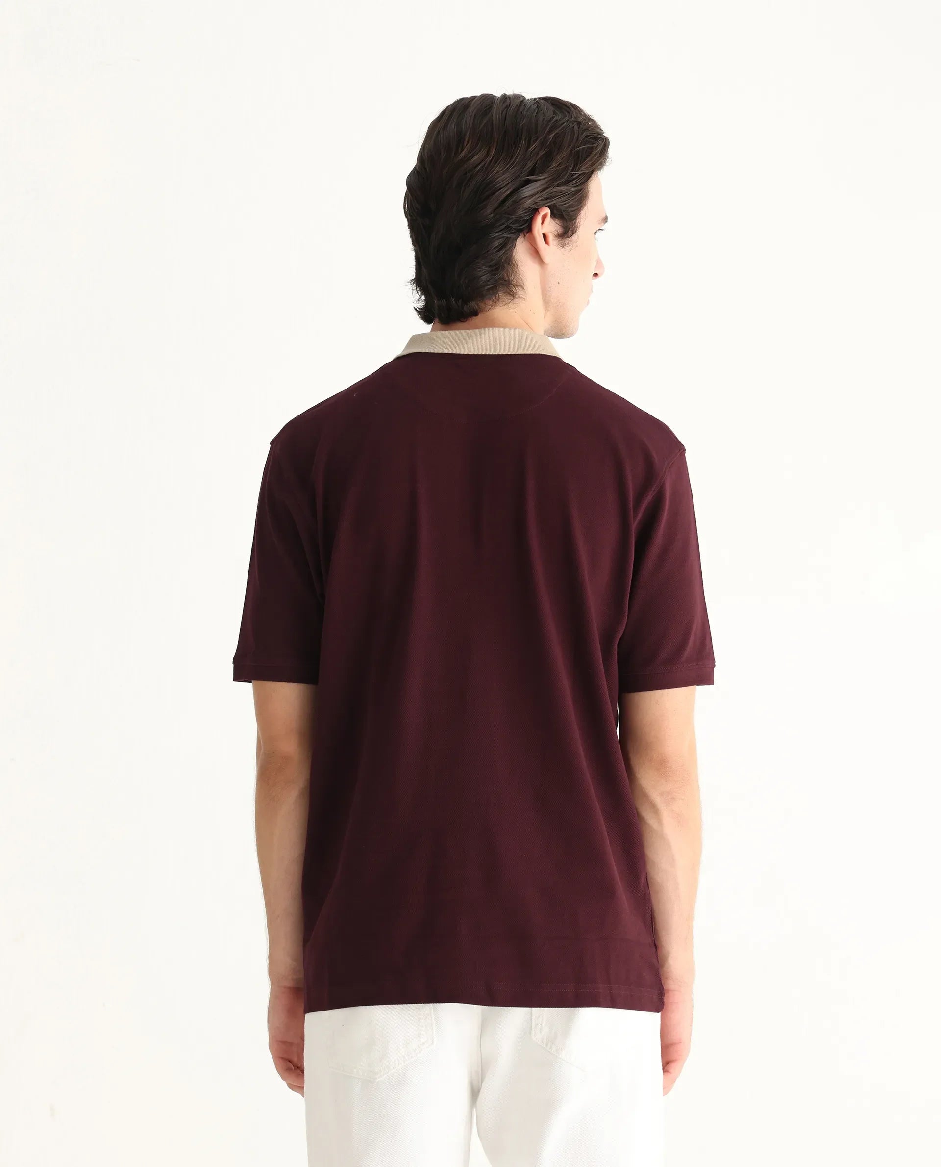Rare Rabbit Men Eldon Dark Maroon Cotton Fabric Contrast Collared Regular Fit  Plain Polo