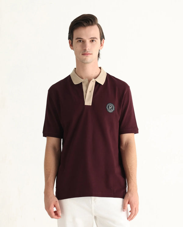 Rare Rabbit Men Eldon Dark Maroon Cotton Fabric Contrast Collared Regular Fit  Plain Polo