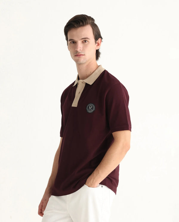 Rare Rabbit Men Eldon Dark Maroon Cotton Fabric Contrast Collared Regular Fit  Plain Polo