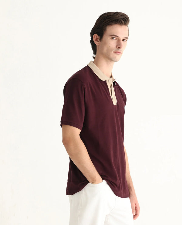 Rare Rabbit Men Eldon Dark Maroon Cotton Fabric Contrast Collared Regular Fit  Plain Polo