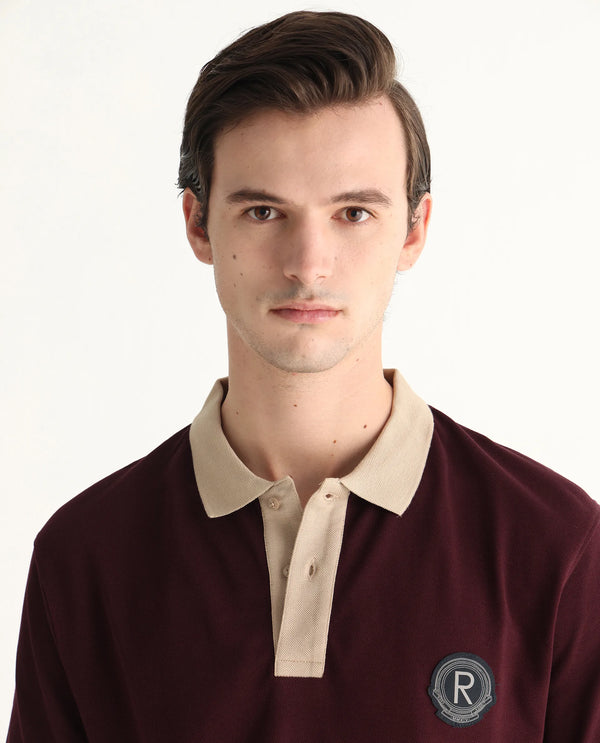 Rare Rabbit Men Eldon Dark Maroon Cotton Fabric Contrast Collared Regular Fit  Plain Polo