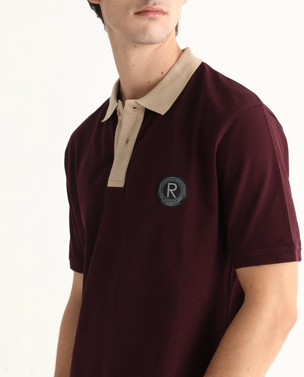 Rare Rabbit Men Eldon Dark Maroon Cotton Fabric Contrast Collared Regular Fit  Plain Polo