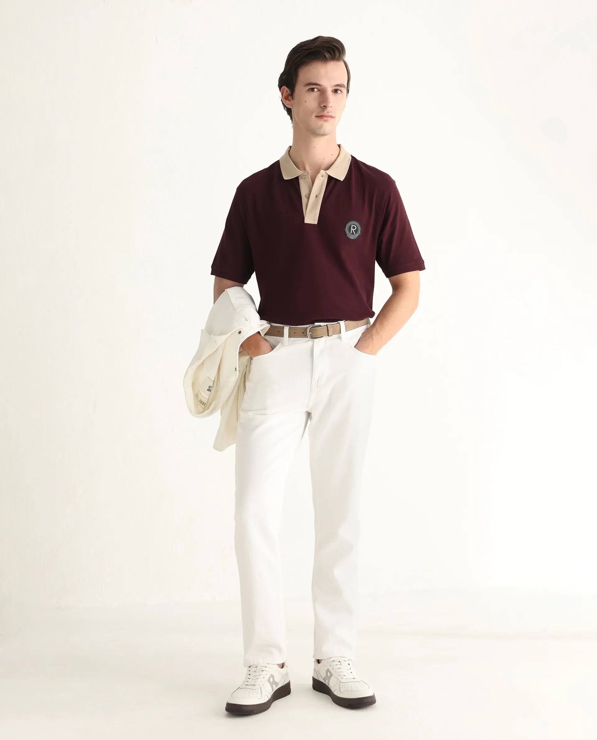 Rare Rabbit Men Eldon Dark Maroon Cotton Fabric Contrast Collared Regular Fit  Plain Polo
