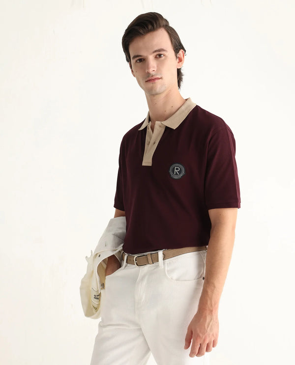 Rare Rabbit Men Eldon Dark Maroon Cotton Fabric Contrast Collared Regular Fit  Plain Polo