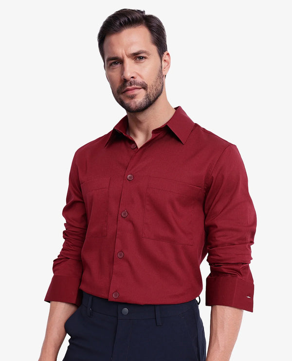 Rare Rabbit Men Esso Maroon Full Sleeve Collared Neck Button Closure Regular Fit Plain Shirt