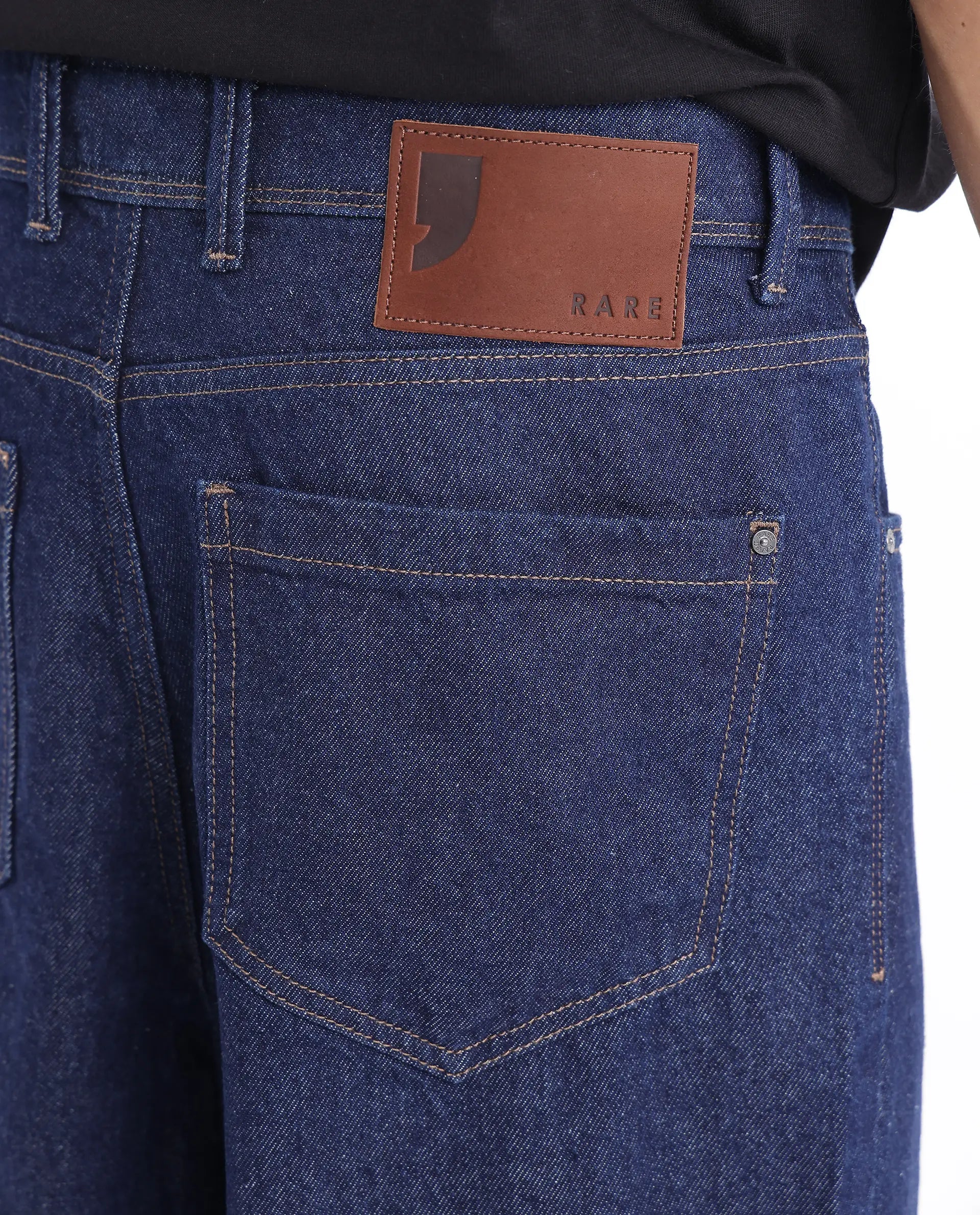 Rare Rabbit Men's Evet-2 Dark Blue Cotton Fabric Rinse Wash Mid Rise Baggy Fit Plain Jeans