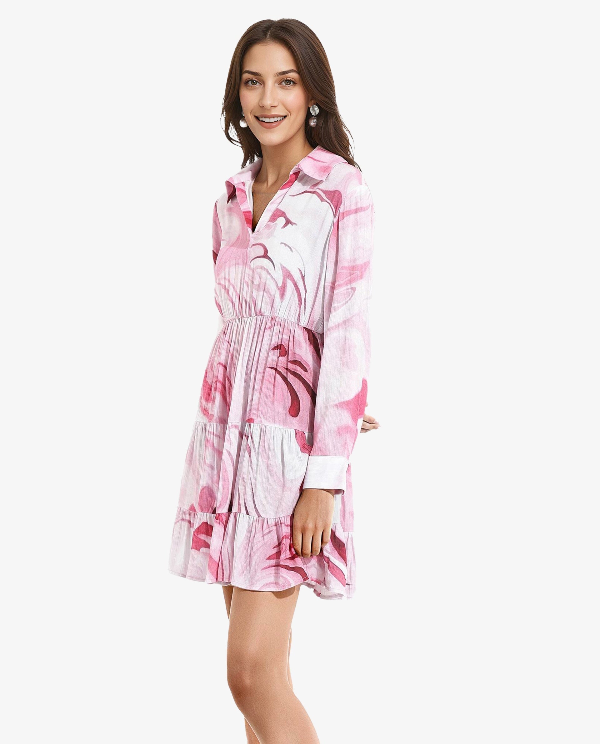 Rareism Women's Foggia Multi  Spread Collar  Full Sleeve Floral Print Fit And Flare Mini Dress