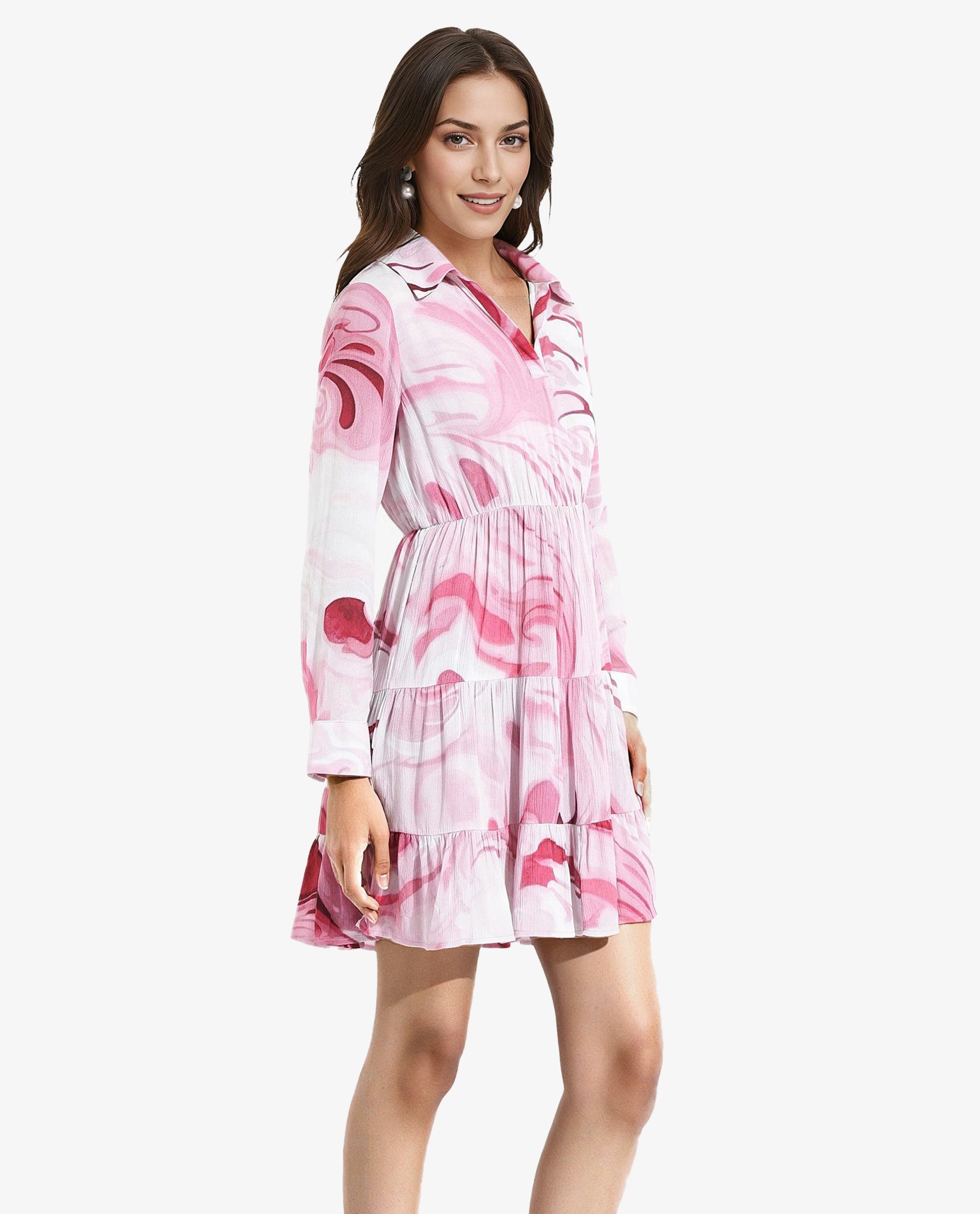 Rareism Women's Foggia Multi  Spread Collar  Full Sleeve Floral Print Fit And Flare Mini Dress