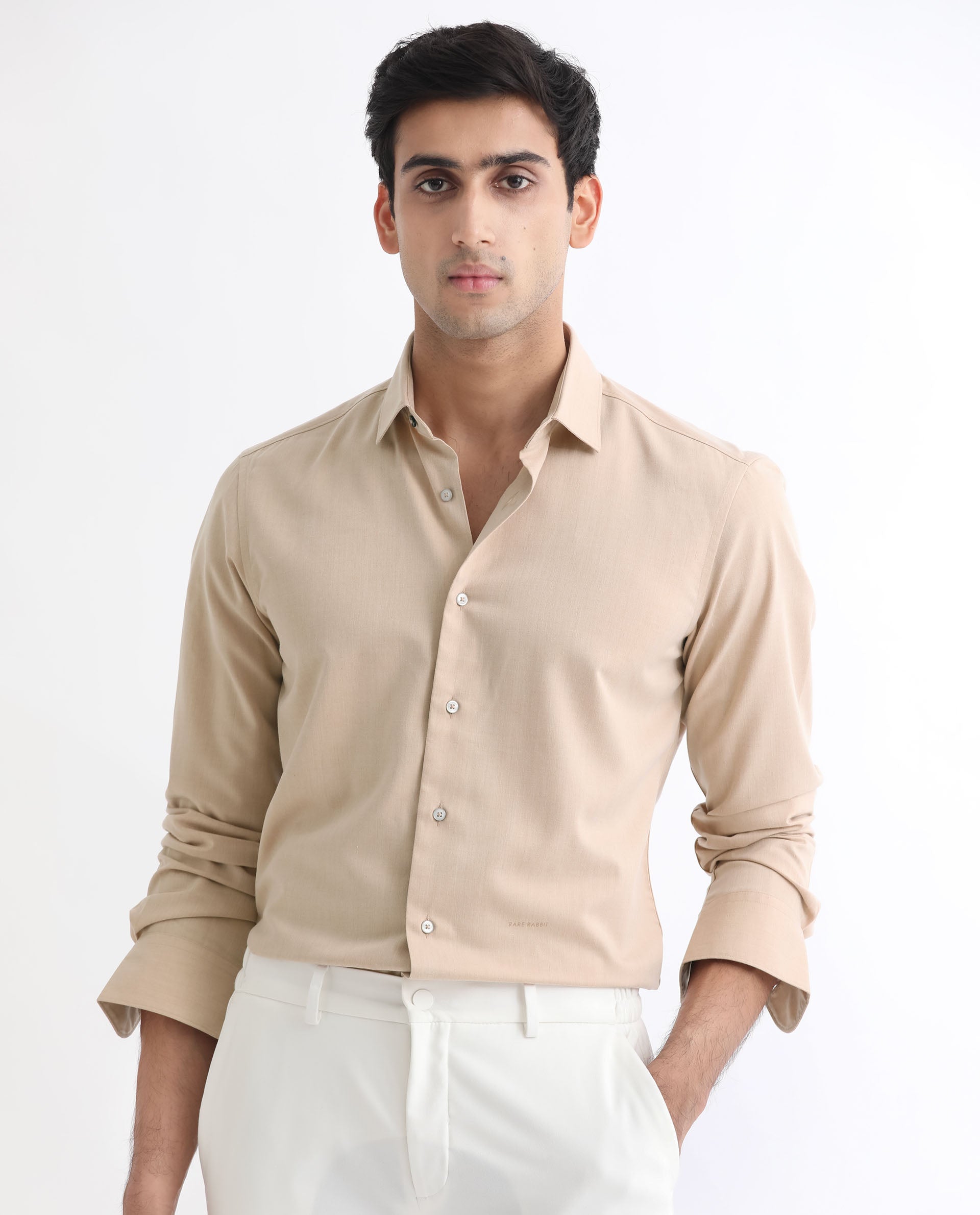 Rare Rabbit Men's Gunjan Beige Full Sleeves Regular Fit Solid Shirt