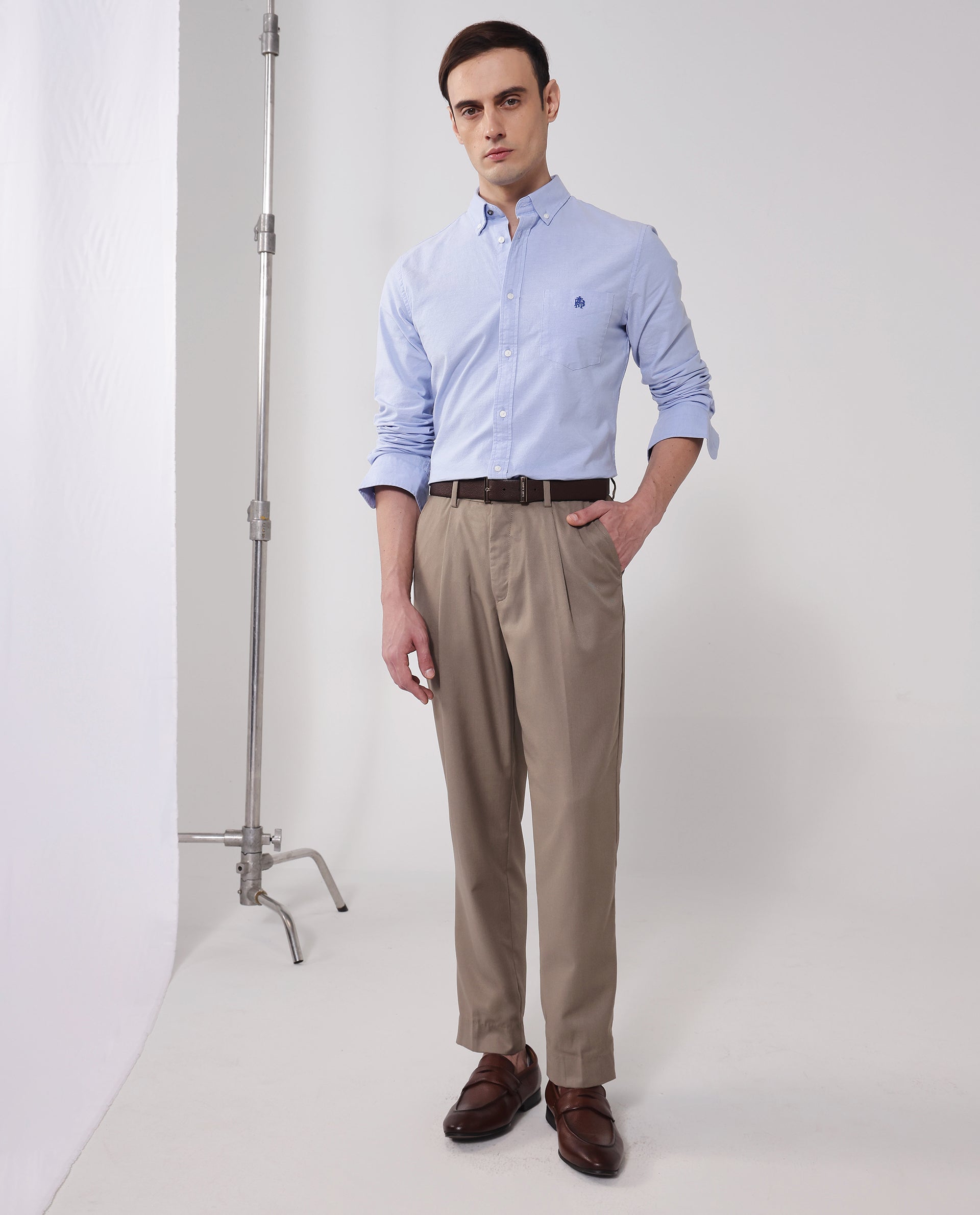 Rare Rabbit Men Oxob Light Blue Cotton Spandex Fabric Full Sleeve Button Down Collar Regular Fit Embroidered Logo Plain Shirt