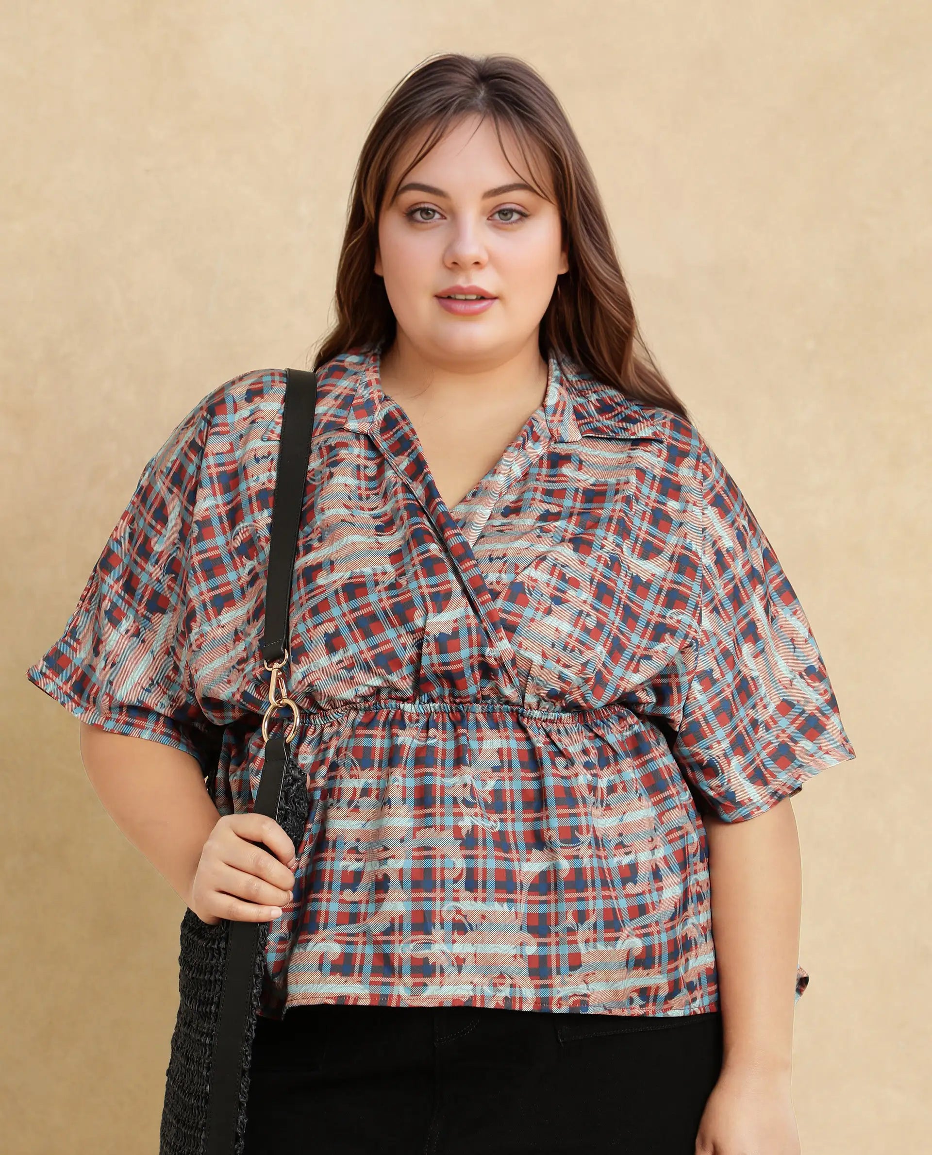 Rareism Women Copo Dark Multi Polyester Fabric Kimono Sleeve Jonny Collar Geometric Print Top