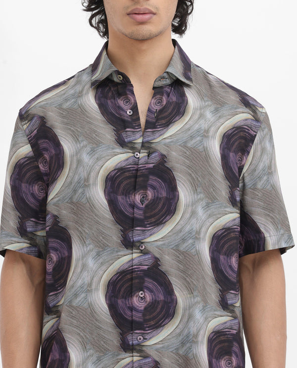 Rare Rabbit Men's Marock Dusky Olive Viscose Fabric Half Sleeves Boxy Fit Abstract Print Shirt